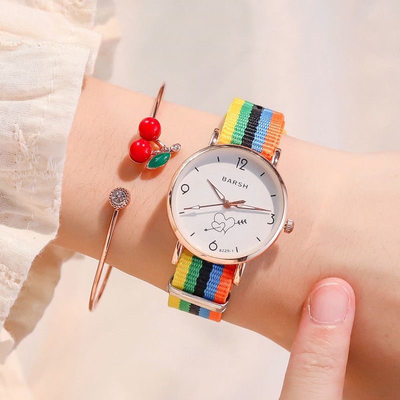 Đồng Hồ Đeo Tay Dây Vải Nylon Chống Thấm Nước Màu Cầu Vồng Xinh Xắn Cho Nữ