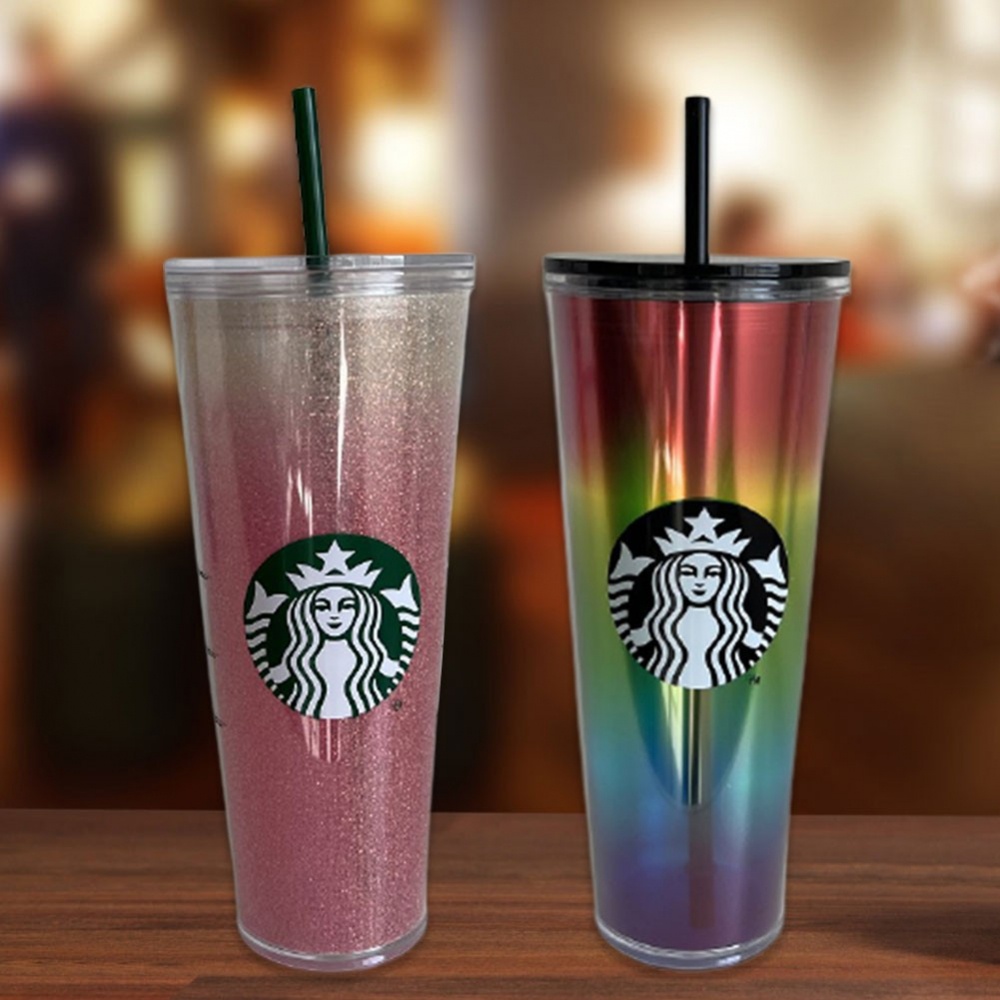 Ly nước Starbucks hai lớp bằng nhựa trong suốt 700ml có ống hút
