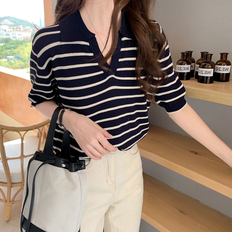 Áo Thun Polo Ngắn Tay Form Rộng Họa Tiết Sọc Ngang Thời Trang Dành Cho Nữ