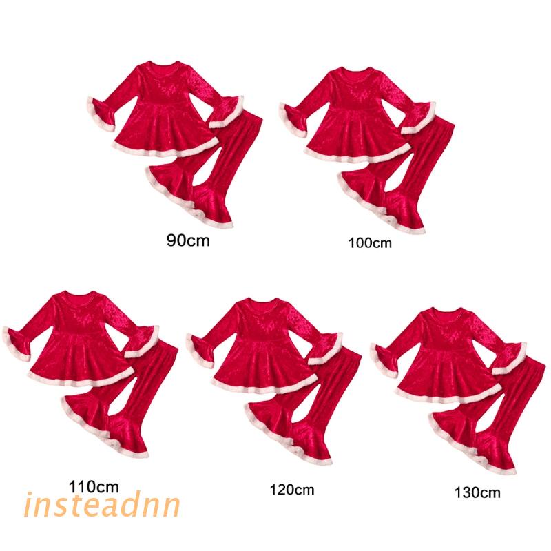 Bộ đồ 2 món gồm áo tay dài ống loe vải nhung màu đỏ và quần chuông giáng sinh cho bé gái