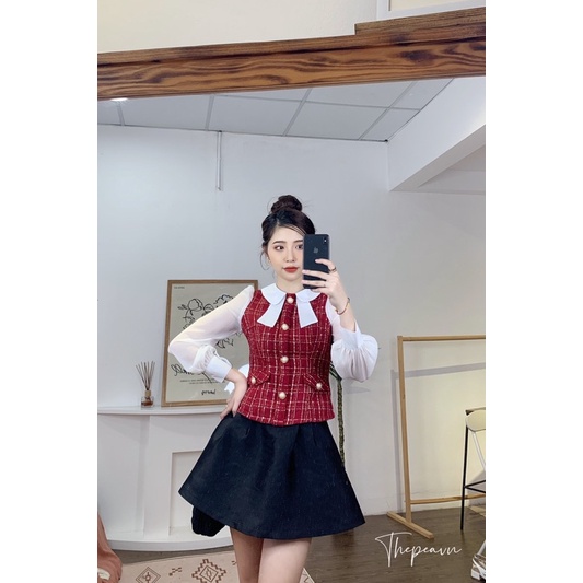 [ẢNH FEEDBACK + VIDEO THẬT] TAYLOR TOP (Bản Đỏ) mix JULIE SKIRT - Áo dạ tweed đỏ pha voan + Chân váy đen tarfa cao cấp