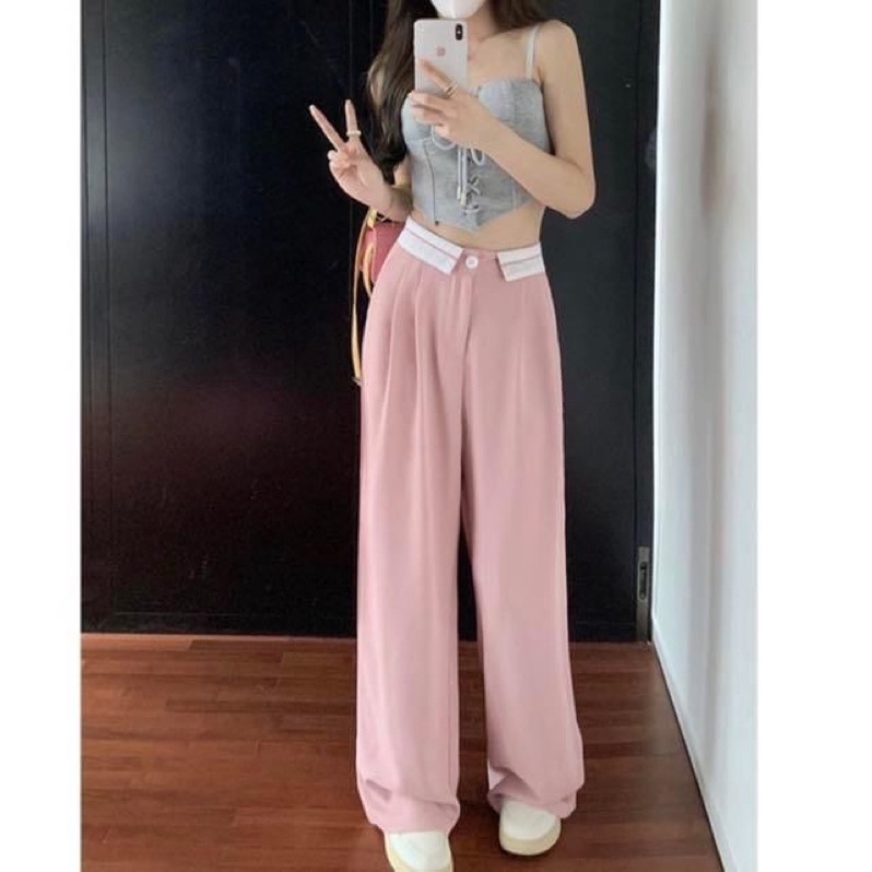 Quần baggy tây nữ dáng suông dài vạt lưng cao trơn cao cấp - Order taobao quảng châu
