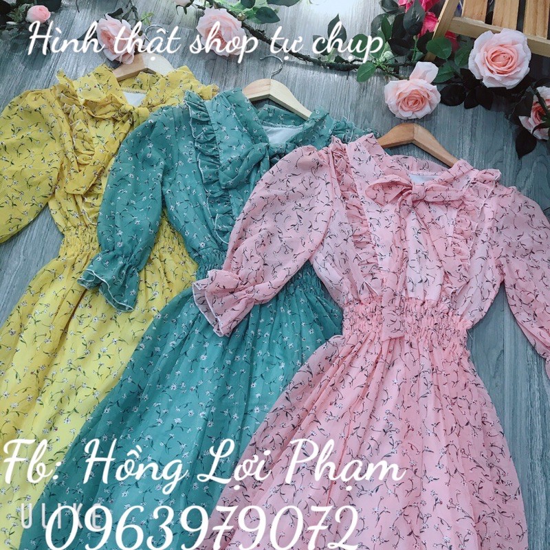 Đầm hoa nhí cột nơ tiểu thư  -video+hình thật