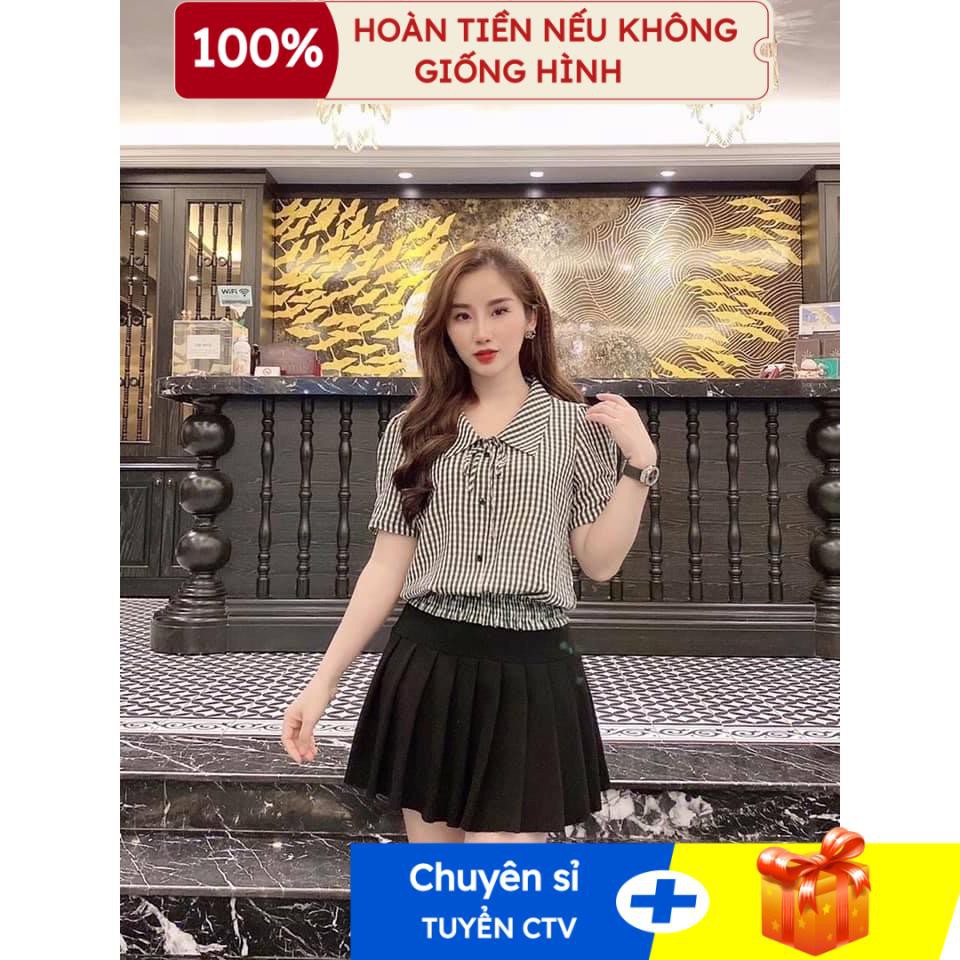Áo sơ mi nữ công sở tay ngắn kẻ chấm bi phối cổ sen
