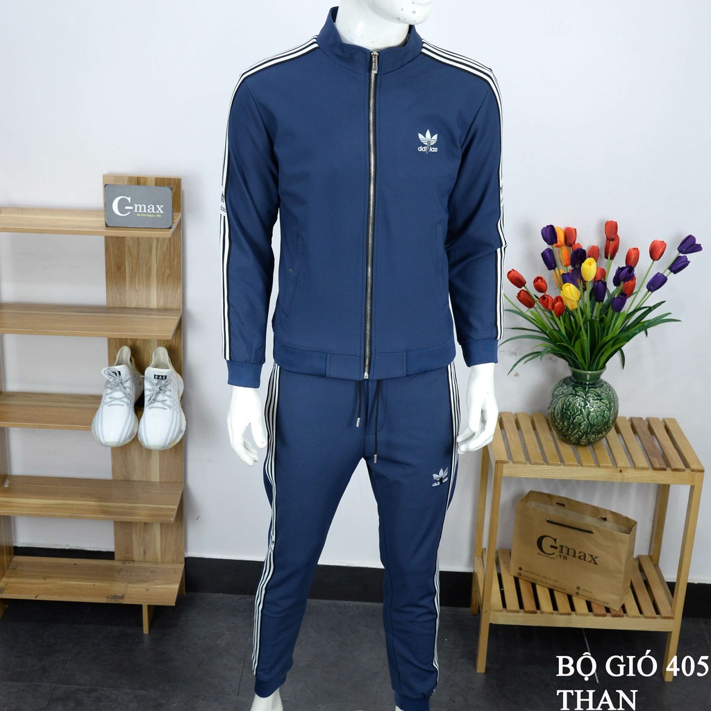 Bộ thể thao nam thu đông cổ tròn cao cấp chất gió co dãn xịn mã 405 bộ gió nam thu đông adi-das