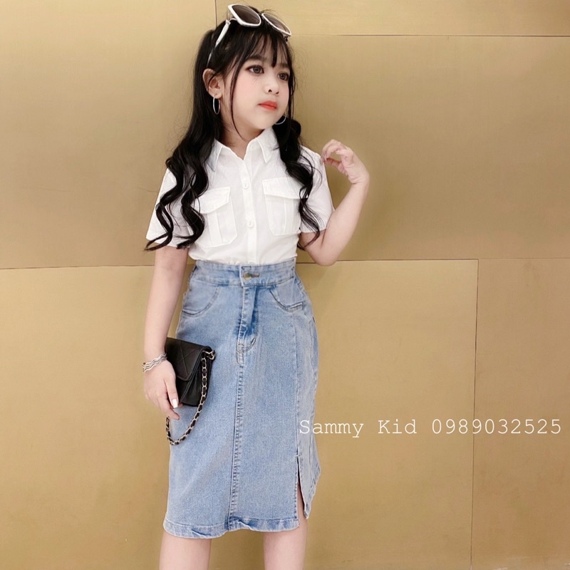 Set áo Sơ mi Chân váy bò dài xẻ cao cấp cho bé gái 17-43kg sang chảnh nữ tính