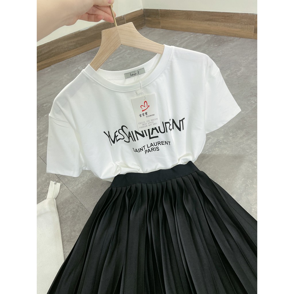 Set áo phông chữ mix chân váy xếp ly dáng dài LD160