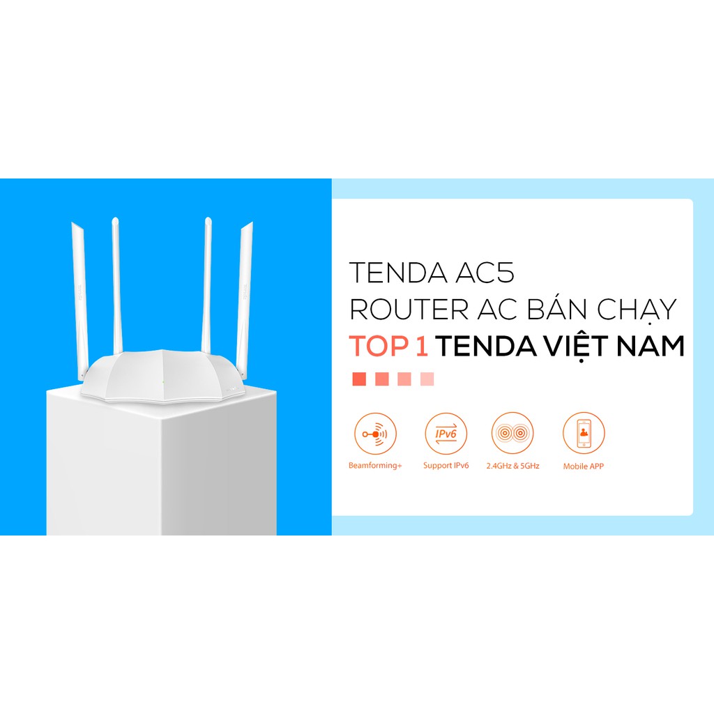 Bộ phát wifi router wifi Tenda AC5 v3 chuẩn WIFI AC AC1200 4 anten chịu tải cao tặng kèm cáp mạng