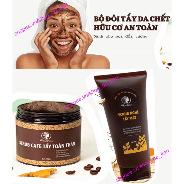 Bộ đôi tẩy da chết hữu cơ an toàn Wonmom (1 Scrub Cafe tẩy toàn thân + 1 Scrub Nghệ tẩy mặt) (Việt Nam)