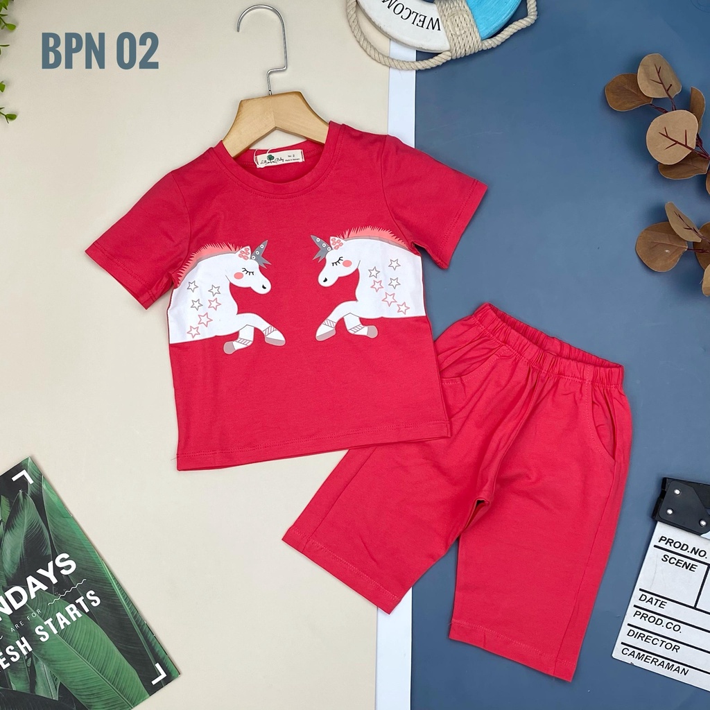 Bộ quần áo bé gái LITIBABY, chất cotton mềm mát, in hình PONY, quần lửng size 8/12T