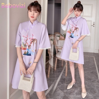 Đầm Sườn Xám Màu Tím Tay Ngắn Thời Trang 2021 Có Size Lớn M-4Xl Cho Nữ