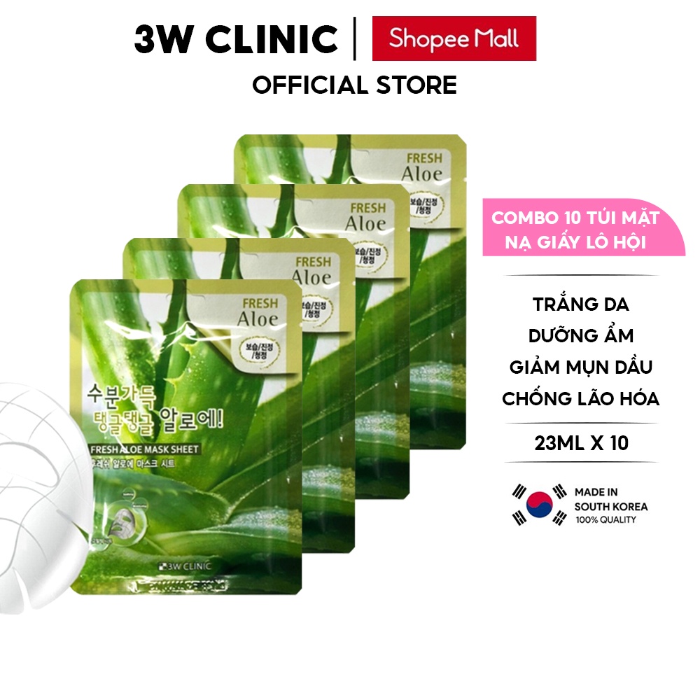 Combo 5 Túi Mặt nạ giấy dưỡng ẩm dưỡng trắng da chiết xuất từ Lô Hội 3W CLINIC Hàn Quốc
