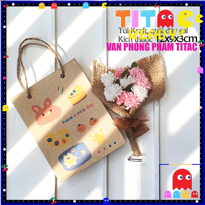 Túi giấy thiết kế mini vintage kraft họa tiết có quai xinh xắn kích thước 9*12*3cm