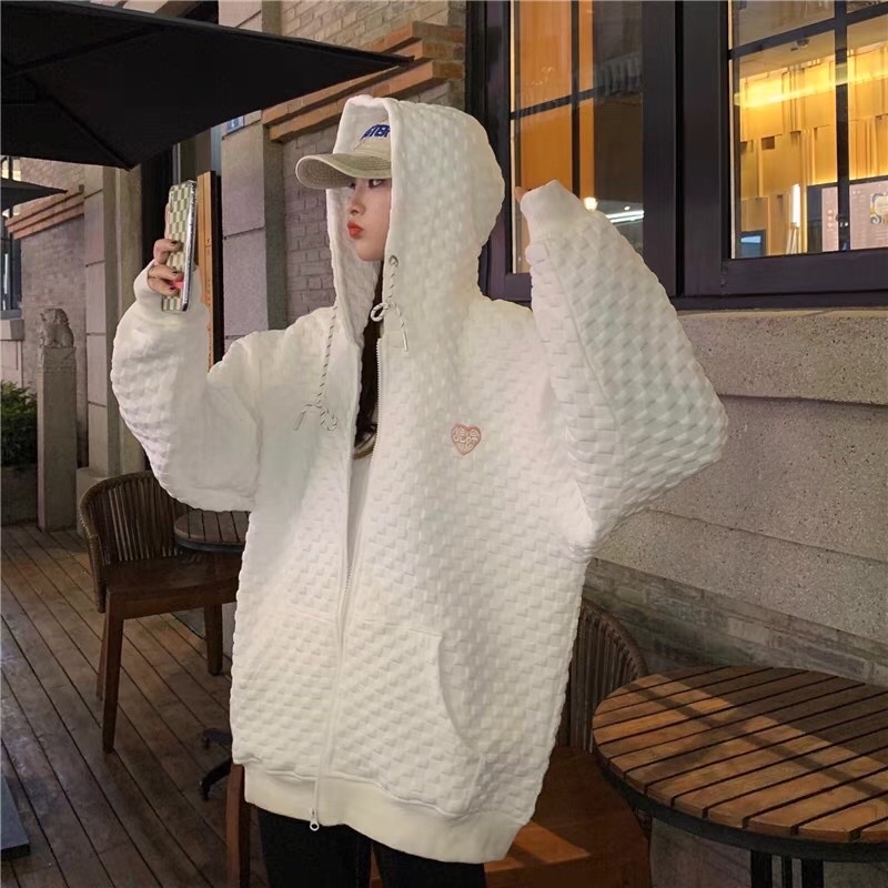 [100% Ảnh thật] Áo khoác hoodie khoá kéo thêu hình tim, ô đan vuông phong cách popcorn Hàn Quốc