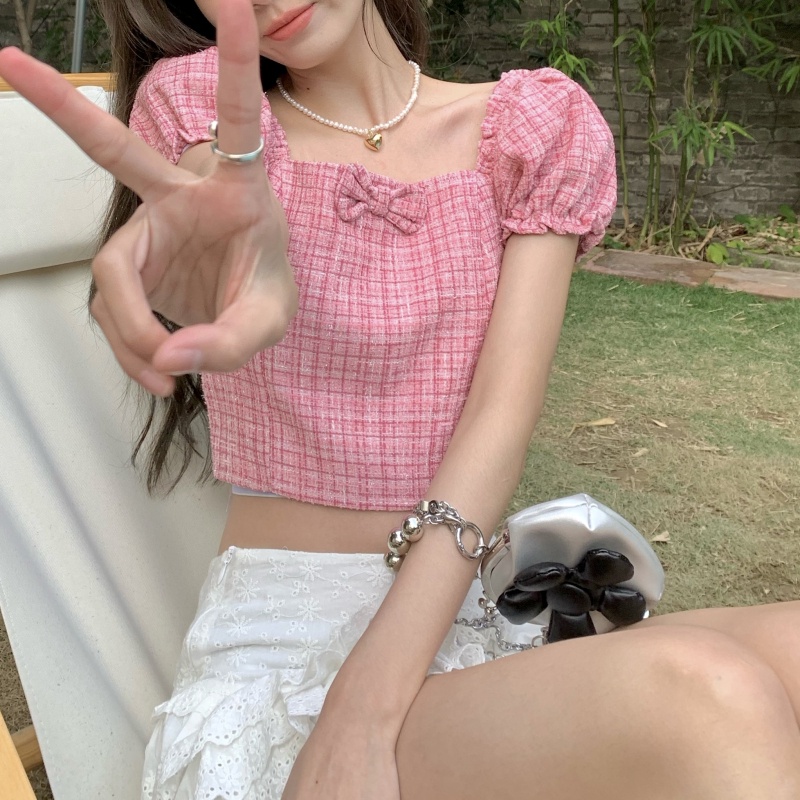 Áo Croptop Cổ Vuông Tay Phồng Họa Tiết Sọc Caro Màu Tím Ngọt Ngào Thời Trang Mùa Hè Cho Nữ