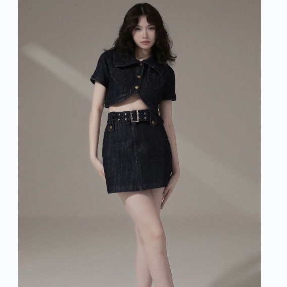 ﹊✉Bộ Áo Sơ Mi Denim + Chân Váy Ngắn Lưng Cao Thời Trang Mùa Hè Phong Cách Mới Ngọt Ngào Cho Nữ