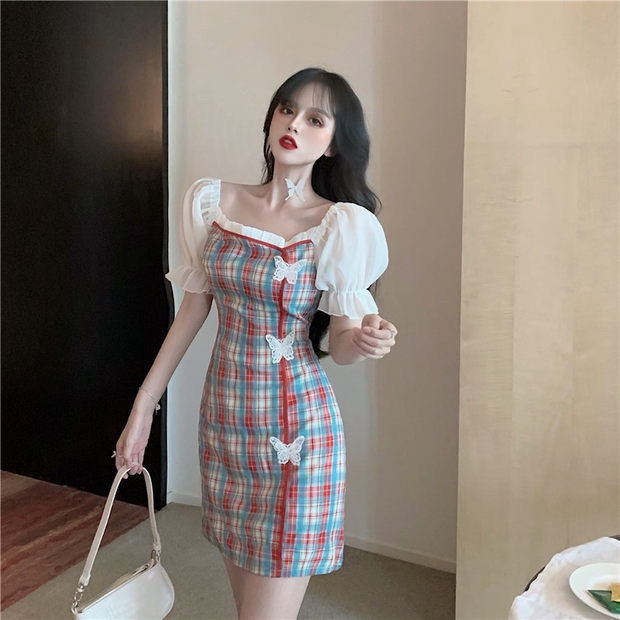 Đầm Kiểu Sườn Xám Trễ Vai Chất Chiffon Hoạ Tiết Bướm Nữ Tính