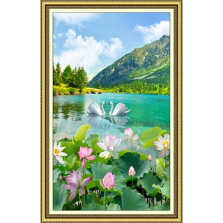 Tranh dán tường khổ dọc HD Đôi thiên nga bên hồ sen HUD0022K KT 60 x 100 cm