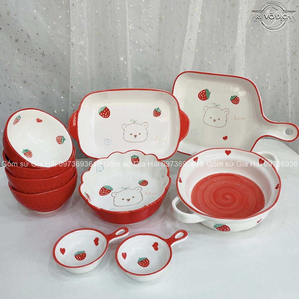 Bộ bát đĩa sứ decor trang trí món ăn dâu tây gấu đỏ 10 món siêu đẹp