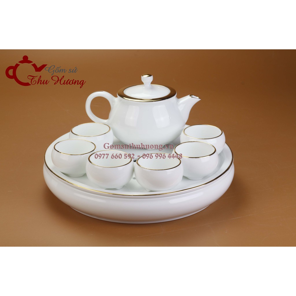 ấm chén Bát Tràng_Bộ trà dáng Nhật vàng kim kèm khay 2 lớp