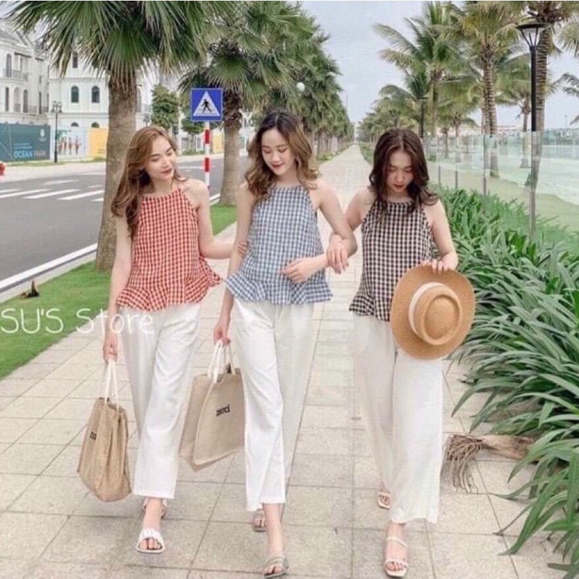 Áo Nữ Mới Về Xinh 👉 Áo Yếm Caro Đuôi Cá 3 Màu ✔ Áo 2 Dây Yếm Kẻ Caro Sát Nách Thô Đũi Ulzzang