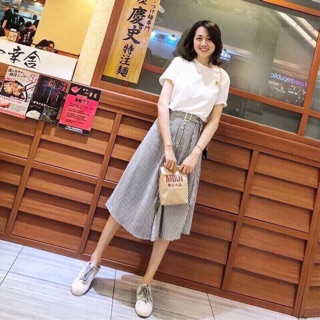 Chân váy midi kẻ chất thô mềm dư