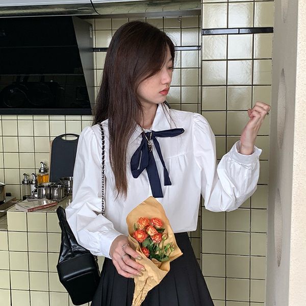 Áo sơ mi màu trơn dài tay thắt nơ xinh xắn thời trang Hàn Quốc cho nữ