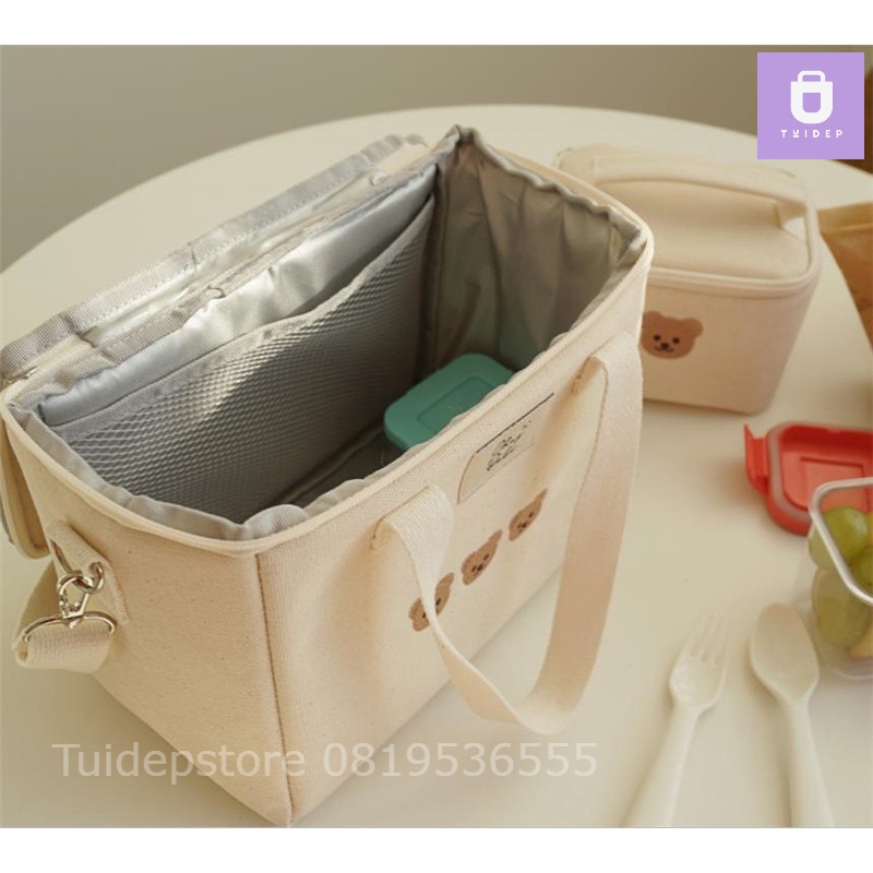 Túi Bỉm Sữa Giữ Nhiệt thêu hình Gấu chất liệu vải Organic Xuất Hàn Cao Cấp cho mẹ và bé