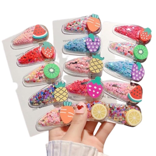 Kẹp tóc hoa quả -  Vỉ 5 phụ kiện kẹp tóc kim sa lấp lánh cho bé No.100147