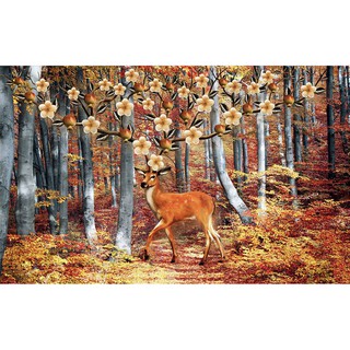 Tranh dán tường 3d trang trí phòng khách phòng ngủ hiện đại, Chú nai rừng và hoa mùa thu (tích hợp sẵn keo) MS1072805