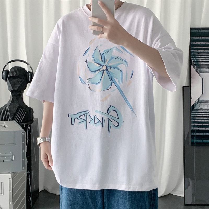 Áo thun tay ngắn dáng rộng chất liệu cotton phong cách Harajuku Hồng Kông thời trang mùa hè cho nam