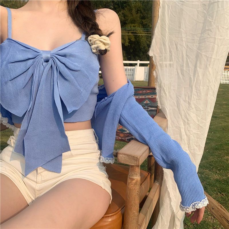 Set áo hai dây nơ ngực, áo cadigan nữ len dệt kim mỏng nữ tính sexy - Có ảnh thật