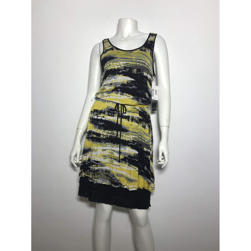 Đầm thun công sở dự tiệc nữ hiệu Kensie không tay màu vàng đen size S chính hãng