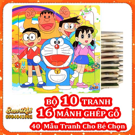 Bộ 10 Tranh 16 Mảnh Xếp Hình Khung Bảng Gỗ Cho Bé 1-5 Tuổi