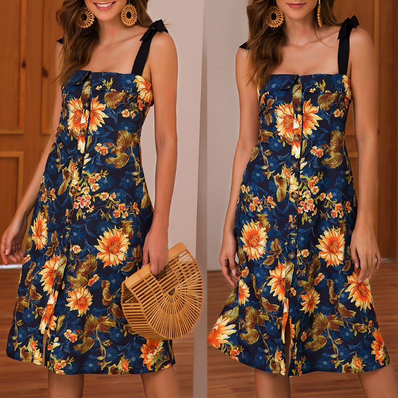 Xiangbao Đầm Hai Dây Cài Nút Họa Tiết Hoa Hướng Dương Phong Cách BOHO Mùa Hè Cho Nữ
