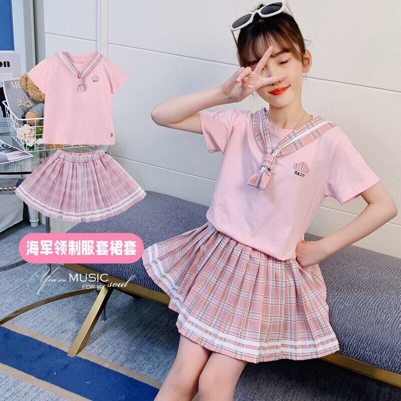 Set Áo Thun Cotton + Chân Váy Caro Xếp Li Cho Bé Gái 2-7 Tuổi