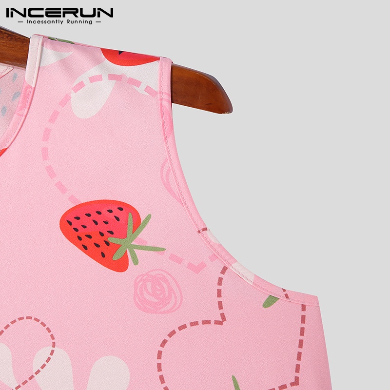 Áo lửng INCERUN không tay xẻ tà họa tiết in dâu tây dễ thương thời trang dành cho nam