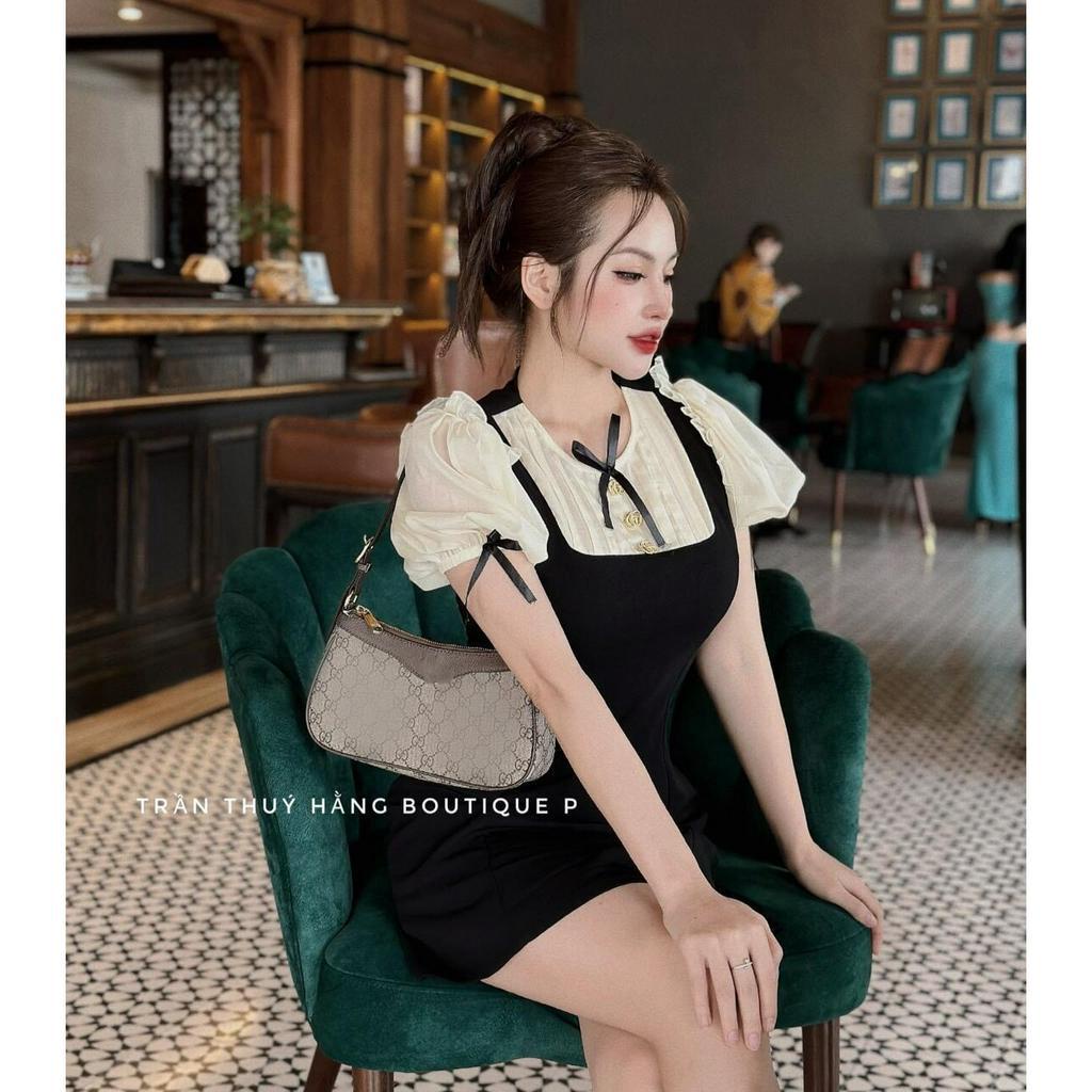 đầm umi chữ A phối voan cổ cột nơ đính nút