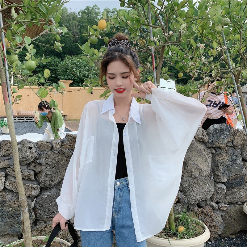 SUXI Áo Sơ Mi Trắng Vải Chiffon Tay Dài Chống Nắng Thời Trang Mùa Hè Cho Nữ