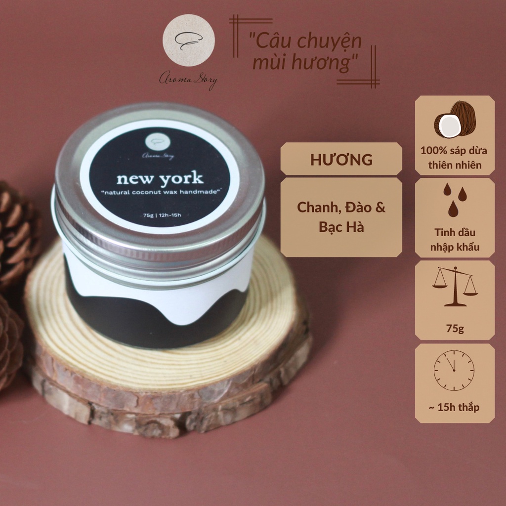 Nến Thơm Trang Trí, Cao Cấp, Tự Nhiên Aroma Story Hương Chanh, Đào, Bạc Hà New York Size 75g