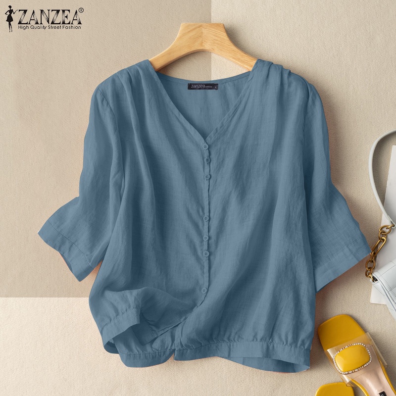 ZANZEA Áo Kiểu Tay Lửng Cài Nút Màu Trơn Phong Cách Cổ Điển Thời Trang Cho Nữ
