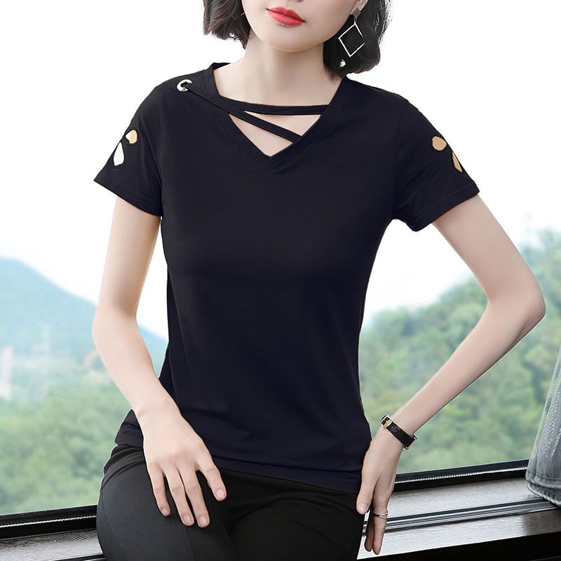 Áo Thun Tay Ngắn Cổ Chữ V Thời Trang Cho Phụ Nữ Trung Niên