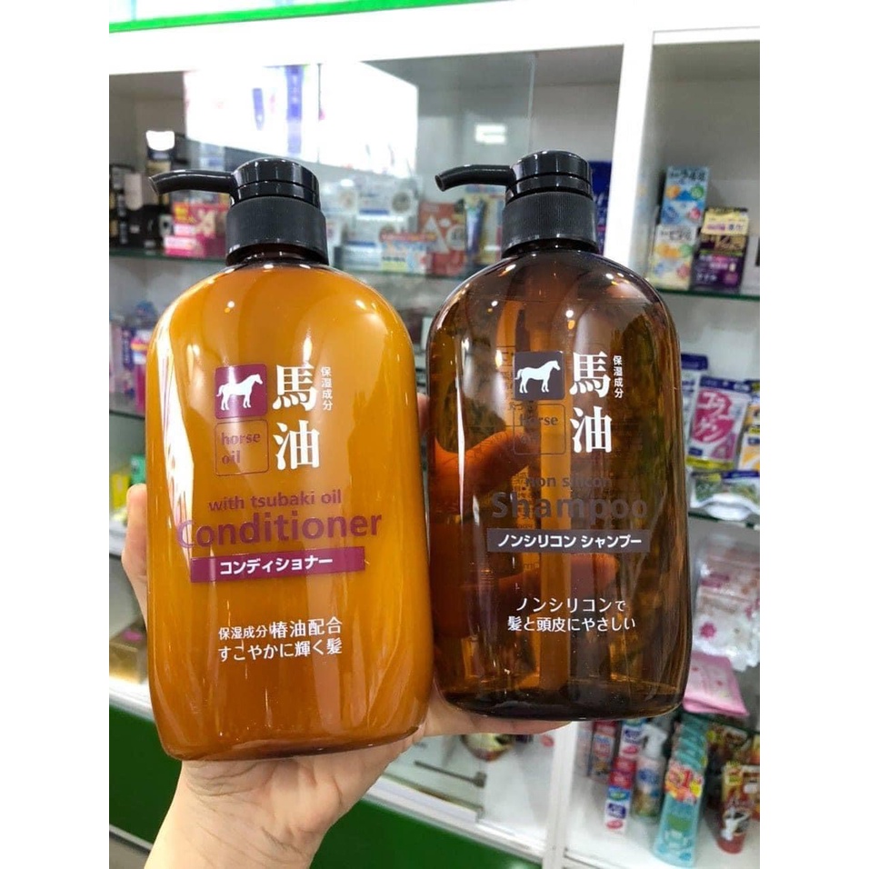 Set Gội Xả Mỡ Ngựa Horse Oil Không Silicon Mềm Mượt tóc 600ml Nhật Bản