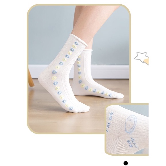 Vớ tất trắng cổ cao xoăn lai họa tiết Heho smile xanh pastel Ullzang