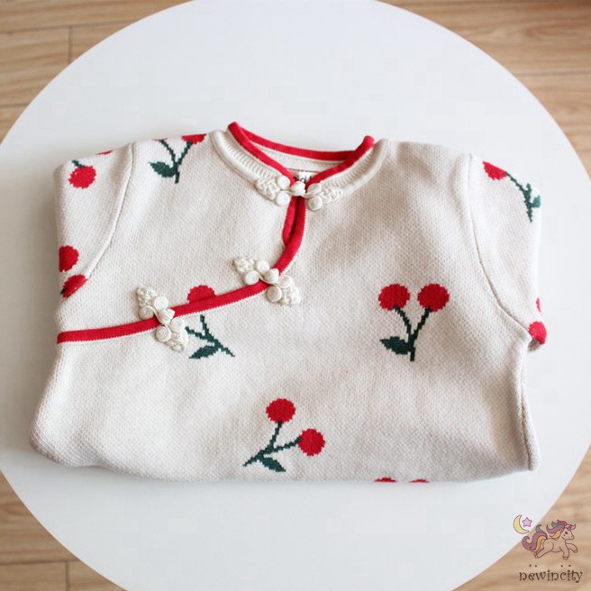 Đầm Sườn Xám Tay Dài Họa Tiết Quả Anh Đào Phong Cách Trung Hoa Dành Cho Bé Gái