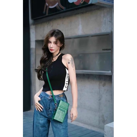 Áo len ba lỗ chữ cê line khoá kéo ngực, dáng len ôm body cực sang