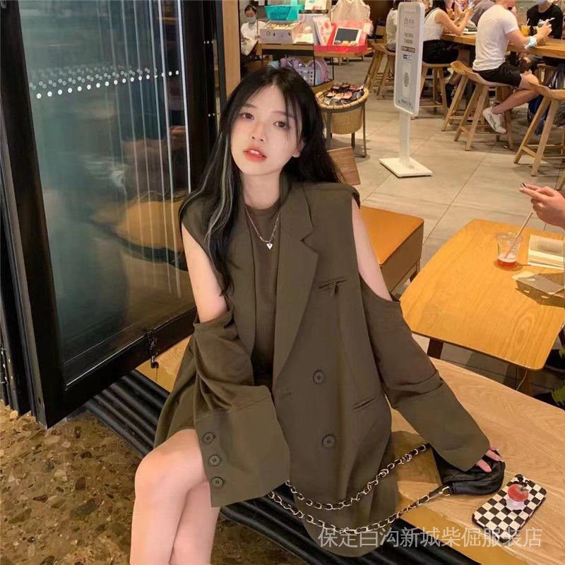Áo Thun Dài Ngang Vai Dáng Rộng + Áo Khoác Ngoài Thời Trang Mùa Thu Phong Cách Hàn Quốc Cho Nữ