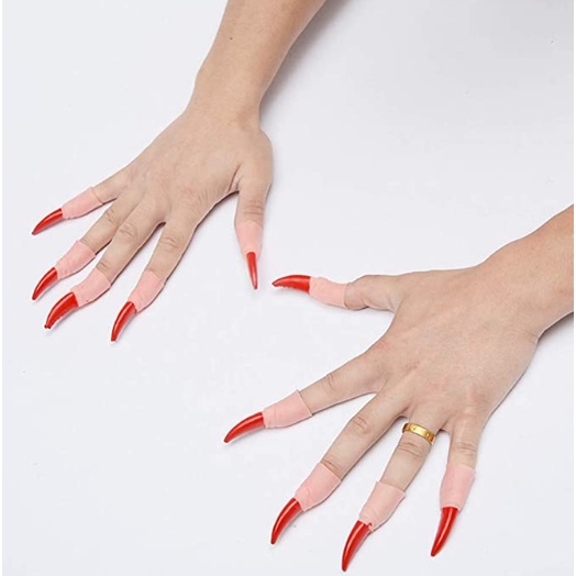 Bộ 10 Móng Tay Giả Hóa Trang halloween Hình Vuốt Ma Cà Rồng Màu Đỏ Đen