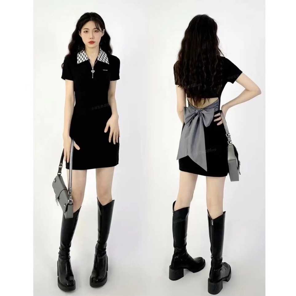 Đầm Dệt Kim Tay Ngắn Cổ POLO Dáng Ôm Họa Tiết Kẻ Sọc Thời Trang Hàn Quốc Quyến Rũ Cho Nữ