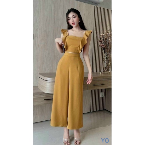 (MẪU MỚI) SÉT BỘ COTTON LẠNH NỮ ÁO 2 DÂY BẢN LỚN PHỐI QUẦN SUÔNG RỘNG ĐI CHƠI MÁT CỰC XINH HHP